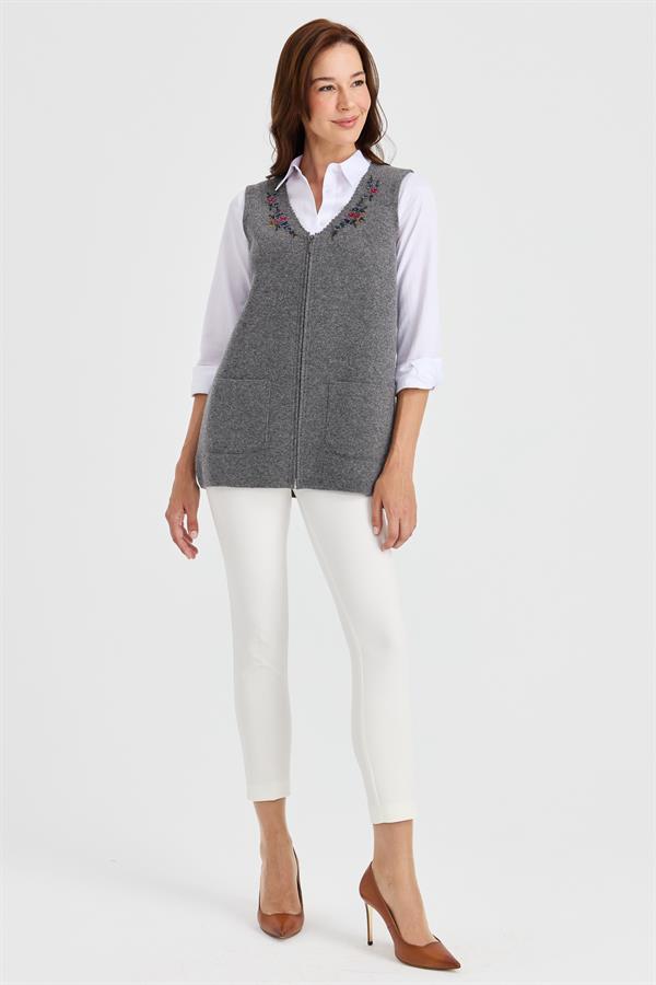 Женский шерстяной жилет с v-образным вырезом и кружевной вышивкой