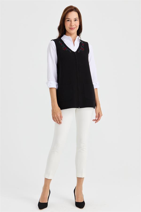 Женский шерстяной жилет с v-образным вырезом и кружевной вышивкой