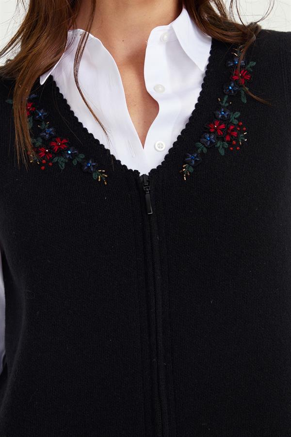 Женский шерстяной жилет с v-образным вырезом и кружевной вышивкой