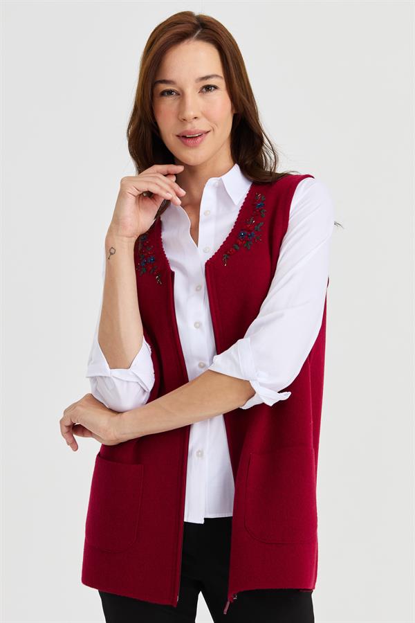 Женский шерстяной жилет с v-образным вырезом и кружевной вышивкой