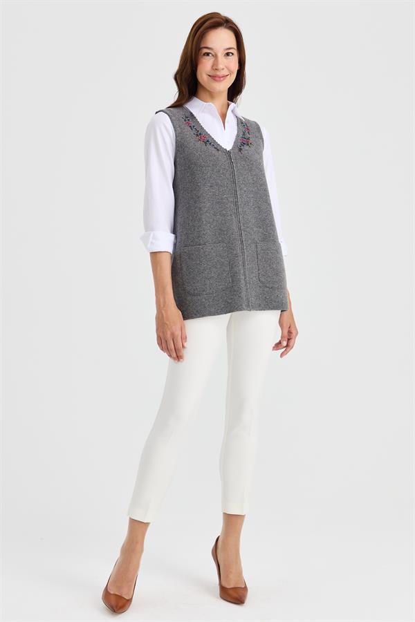 Женский шерстяной жилет с v-образным вырезом и кружевной вышивкой