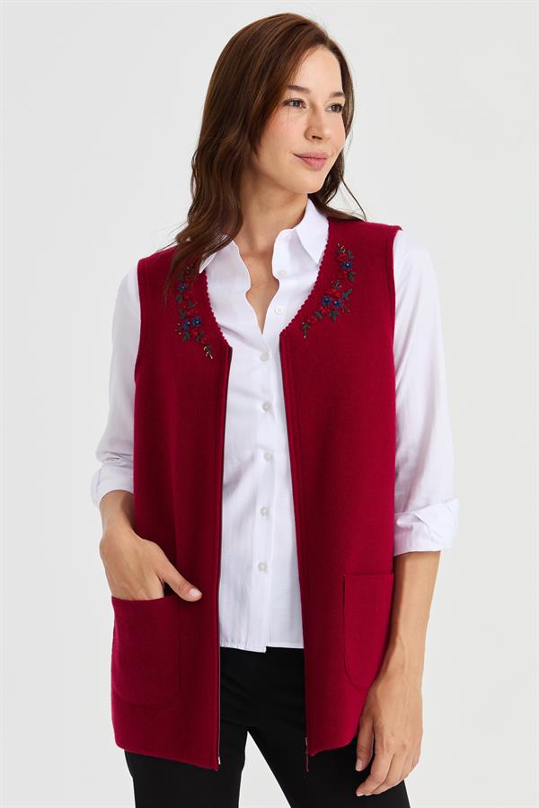 Женский шерстяной жилет с v-образным вырезом и кружевной вышивкой