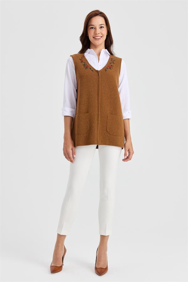 Женский шерстяной жилет с v-образным вырезом и кружевной вышивкой