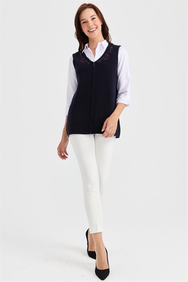 Женский шерстяной жилет с v-образным вырезом и кружевной вышивкой