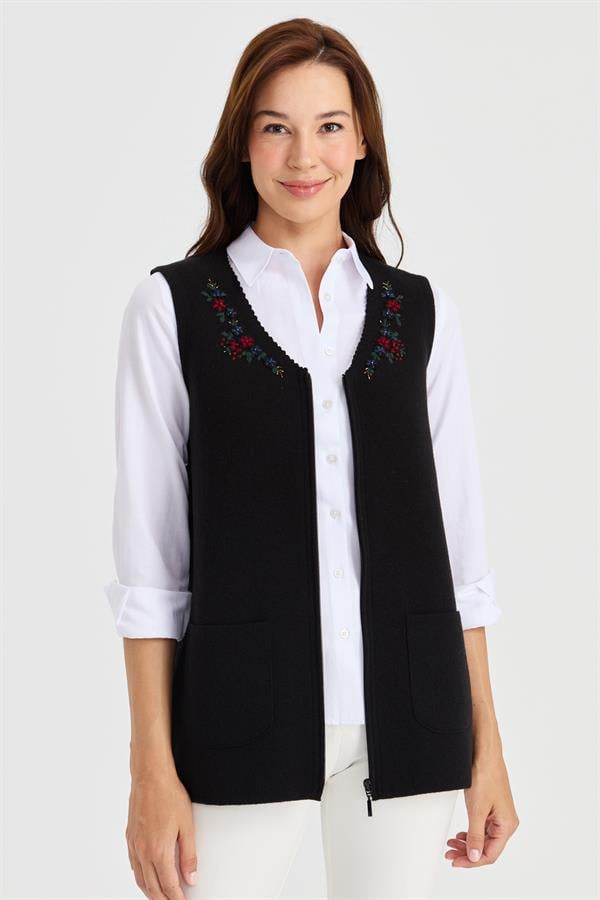 Женский шерстяной жилет с v-образным вырезом и кружевной вышивкой