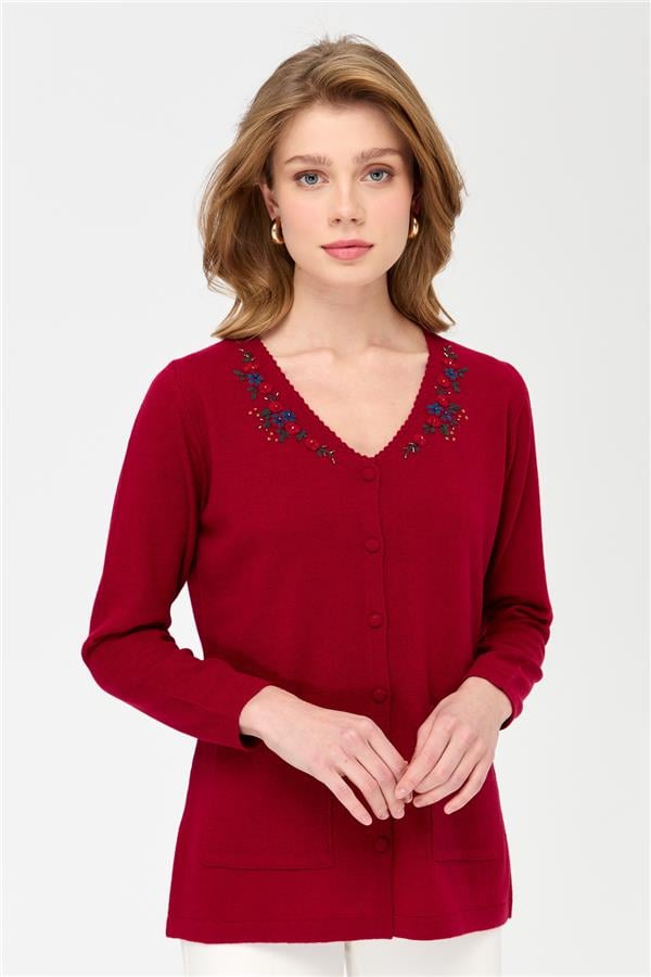 Женская шерстяная куртка с v-образным вырезом и кружевной вышивкой