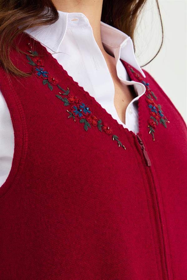 Женский шерстяной жилет с v-образным вырезом и кружевной вышивкой