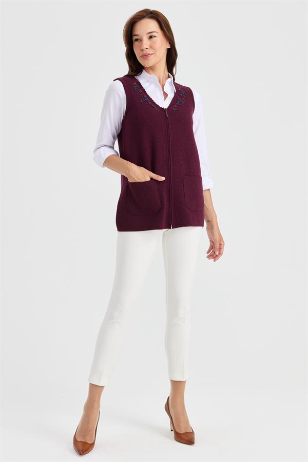 Женский шерстяной жилет с v-образным вырезом и кружевной вышивкой