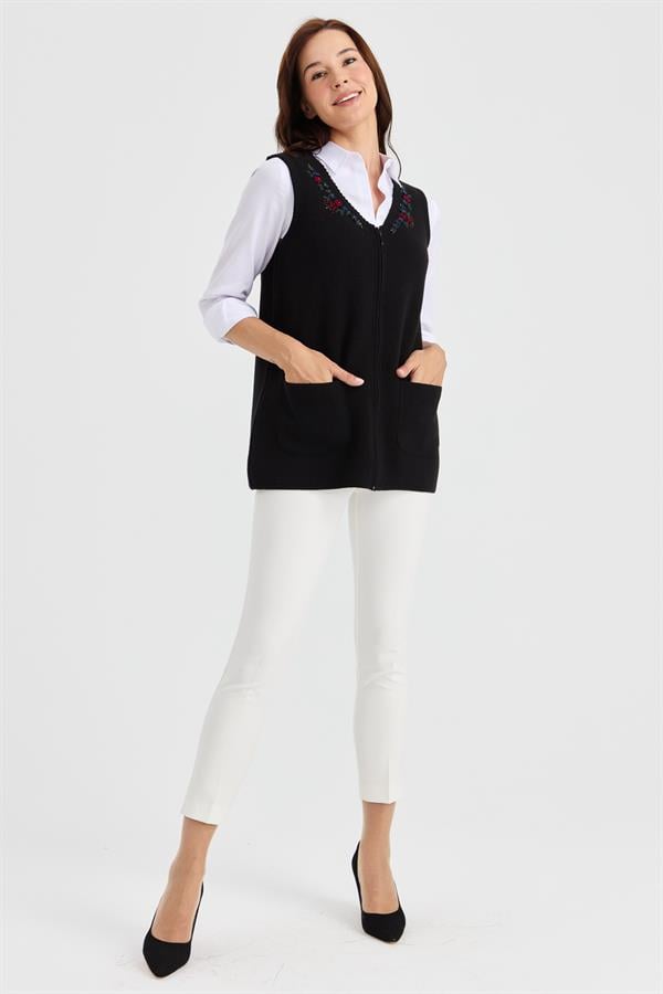 Женский шерстяной жилет с v-образным вырезом и кружевной вышивкой