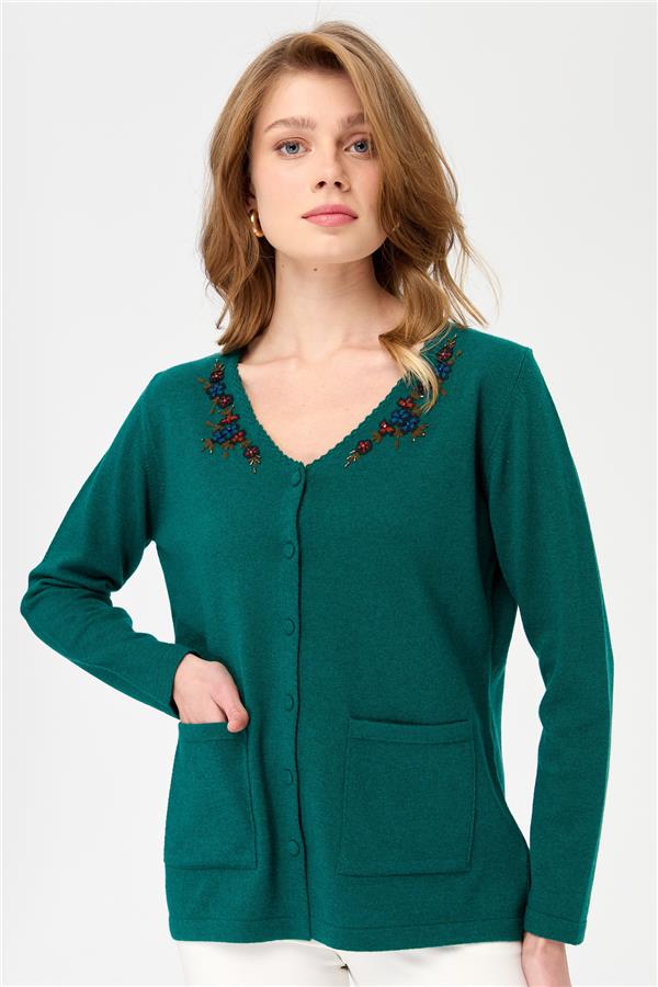 Женская шерстяная куртка с v-образным вырезом и кружевной вышивкой