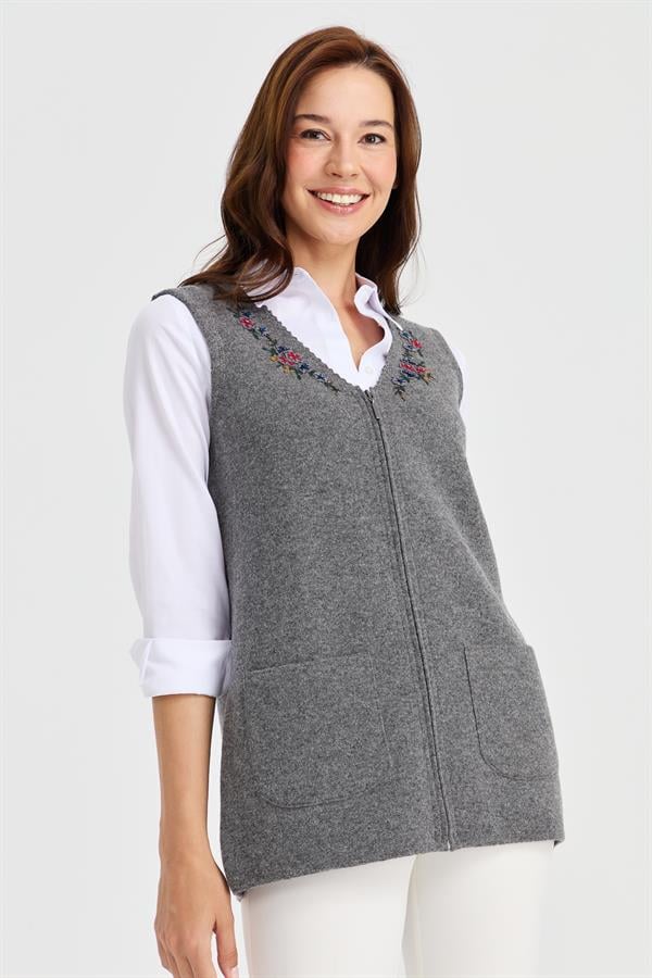 Женский шерстяной жилет с v-образным вырезом и кружевной вышивкой