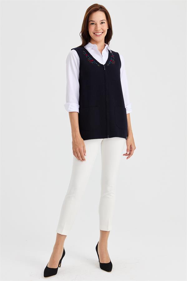 Женский шерстяной жилет с v-образным вырезом и кружевной вышивкой