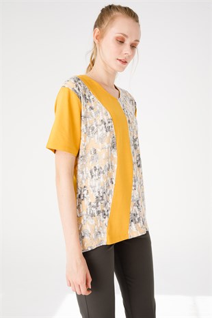 Kadın V Yaka Kısa Kol Çiçek Baskılı Penye Bluz K.Bal