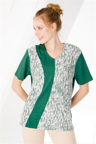 Kadın V Yaka Kısa Kol Çiçek Baskılı Penye Bluz K.Yeşil
