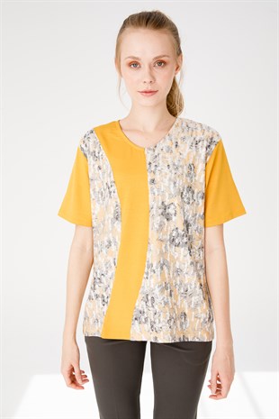 Kadın V Yaka Kısa Kol Çiçek Baskılı Penye Bluz K.Bal