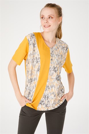 Kadın V Yaka Kısa Kol Çiçek Baskılı Penye Bluz K.Bal