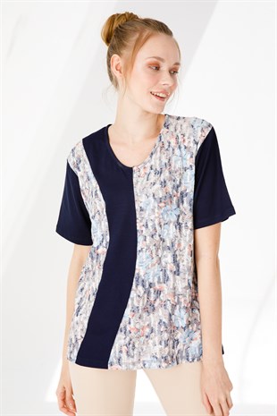 Kadın V Yaka Kısa Kol Çiçek Baskılı Penye Bluz Lacivert