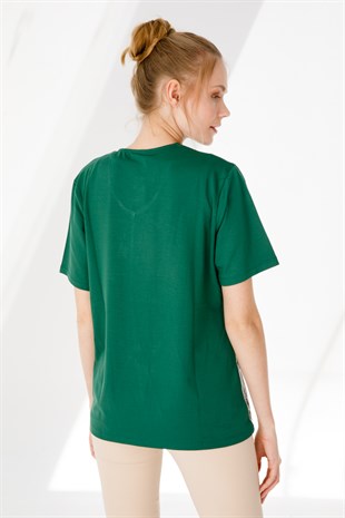 Kadın V Yaka Kısa Kol Çiçek Baskılı Penye Bluz K.Yeşil