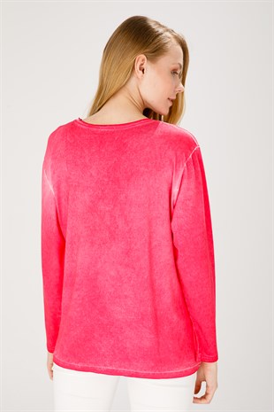 Kadın V Yaka Nakışlı Penye Bluz Fuşya