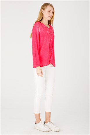 Kadın V Yaka Nakışlı Penye Bluz Fuşya