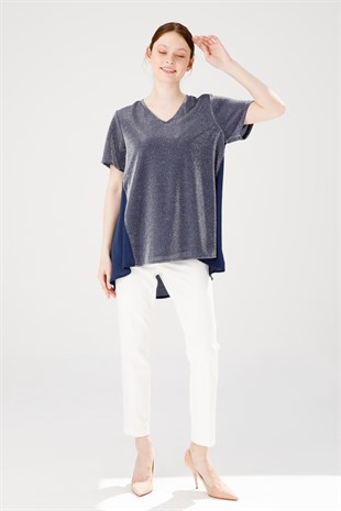 Kadın V Yaka Kısa Kol Şifonlu Parlak Kumaş Tunik Lacivert