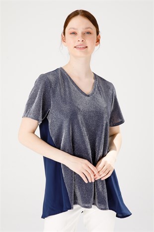 Kadın V Yaka Kısa Kol Şifonlu Parlak Kumaş Tunik Lacivert