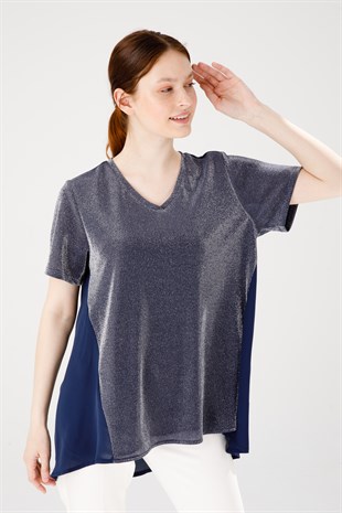 Kadın V Yaka Kısa Kol Şifonlu Parlak Kumaş Tunik Lacivert