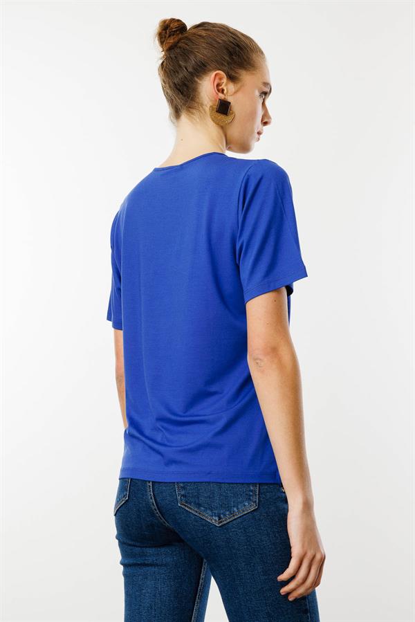 Kadın V Yaka Kısa Kollu Penye T-Shirt Saks