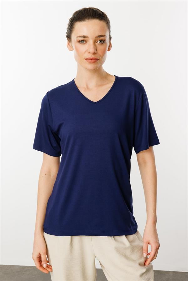 Kadın V Yaka Kısa Kollu Penye T-Shirt Lacivert