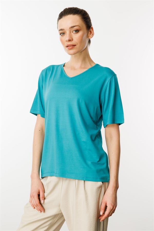 Kadın V Yaka Kısa Kollu Penye T-Shirt Yeşil