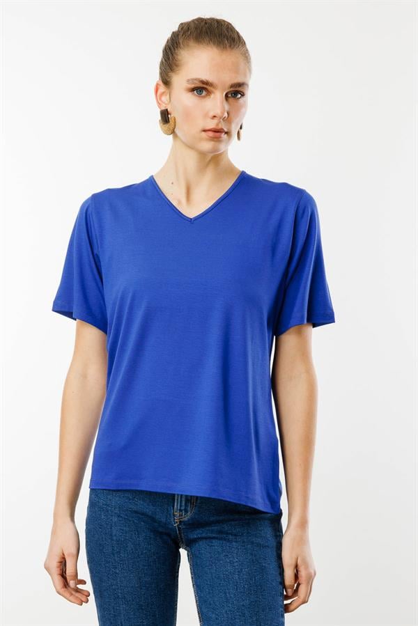 Kadın V Yaka Kısa Kollu Penye T-Shirt Saks