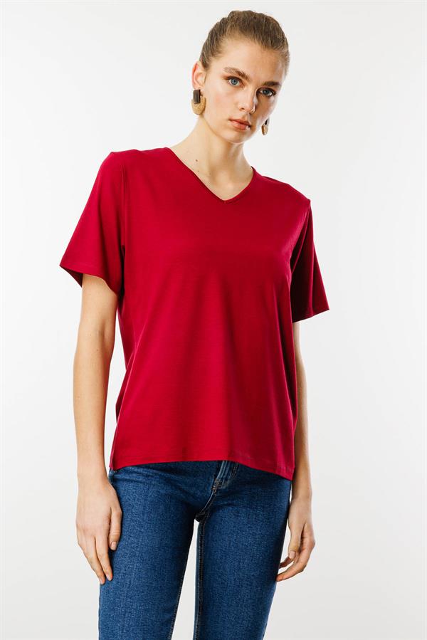 Kadın V Yaka Kısa Kollu Penye T-Shirt Bordo
