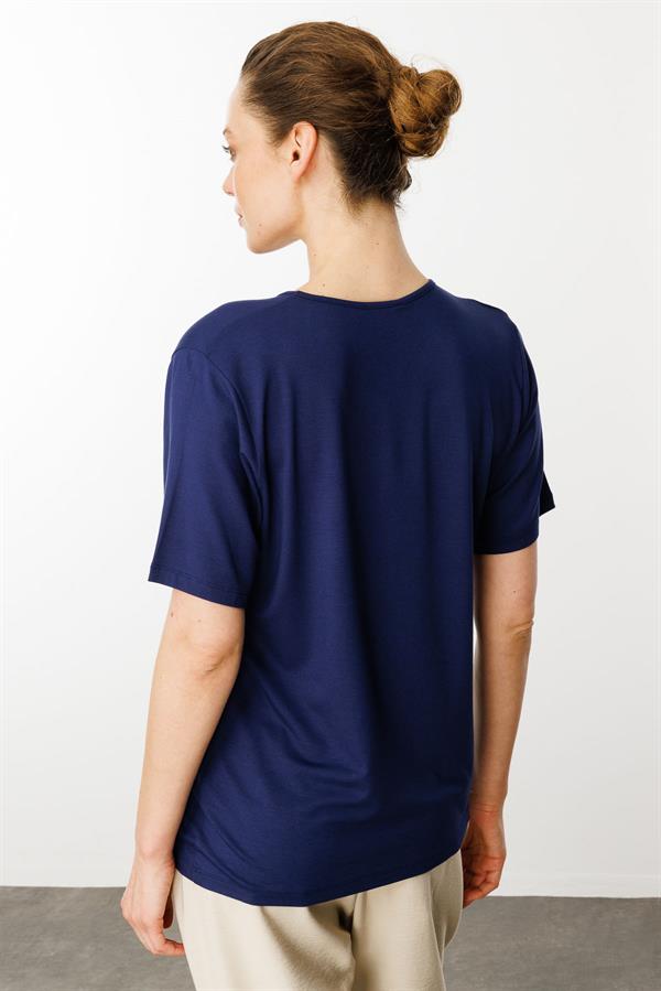 Kadın V Yaka Kısa Kollu Penye T-Shirt Lacivert