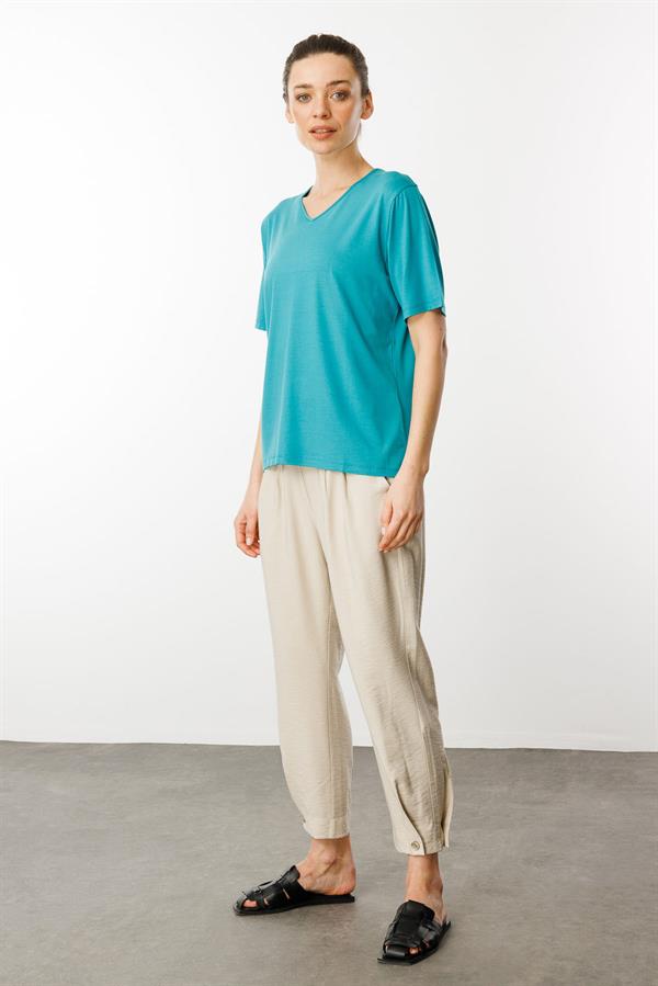 Kadın V Yaka Kısa Kollu Penye T-Shirt Yeşil