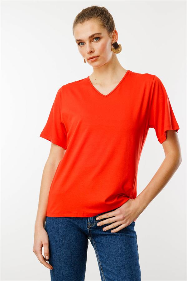 Kadın V Yaka Kısa Kollu Penye T-Shirt Oranj