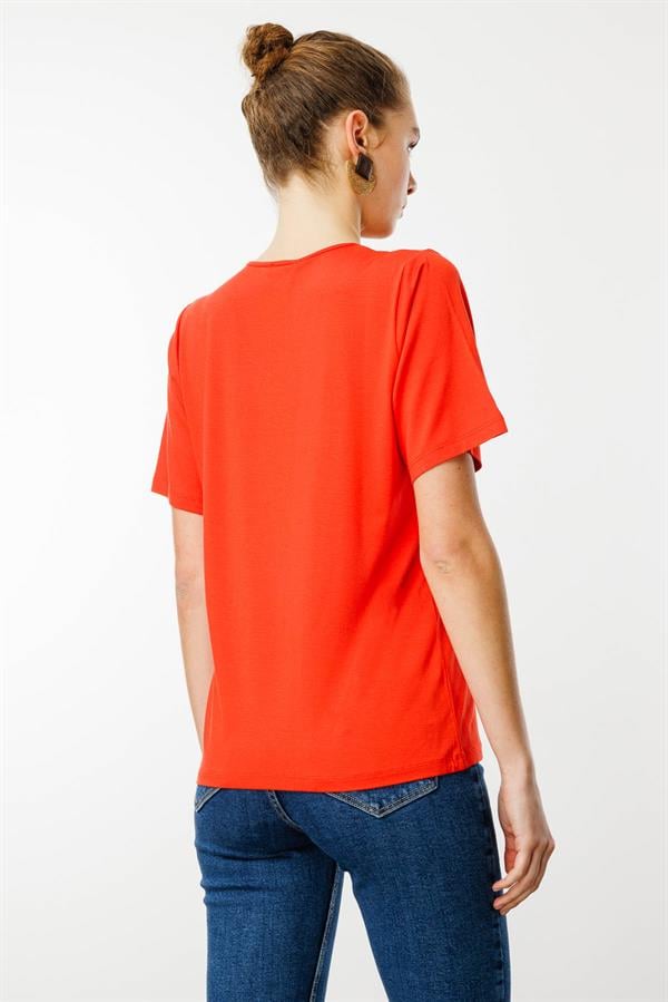 Kadın V Yaka Kısa Kollu Penye T-Shirt Oranj