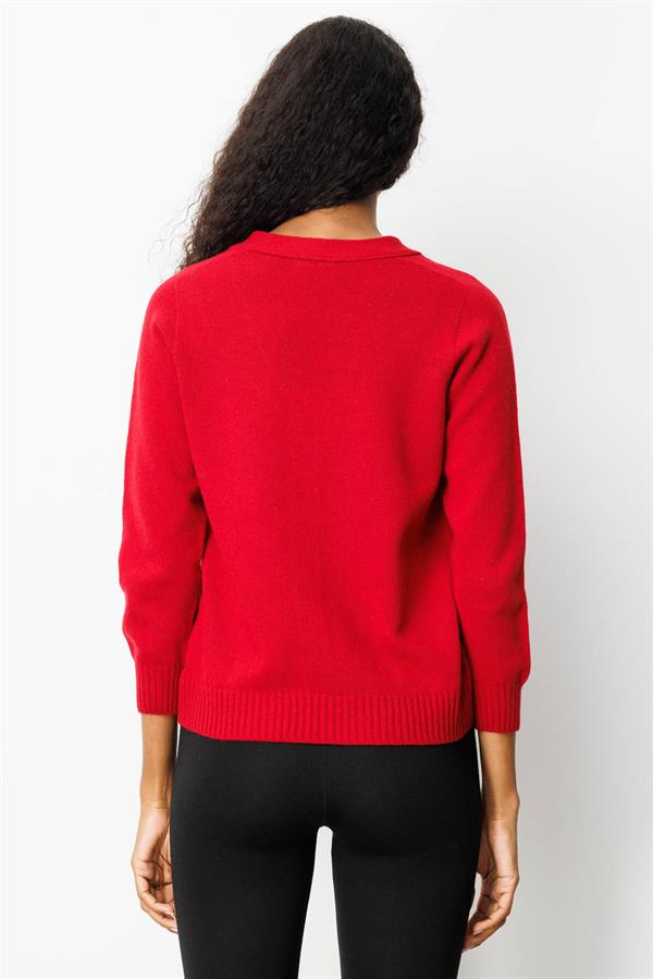Kadın V Yaka Kısa Yün Hırka K.Kırmızı