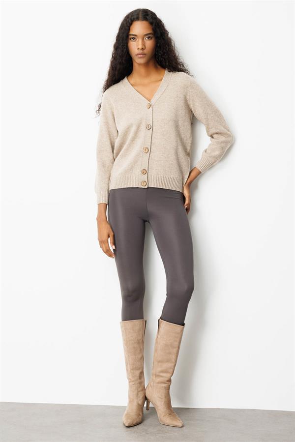 Kadın V Yaka Kısa Yün Hırka K.Bej