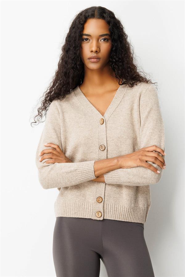 Kadın V Yaka Kısa Yün Hırka K.Bej