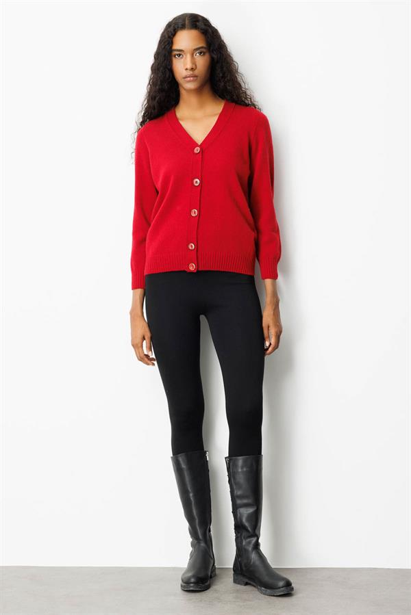 Kadın V Yaka Kısa Yün Hırka K.Kırmızı