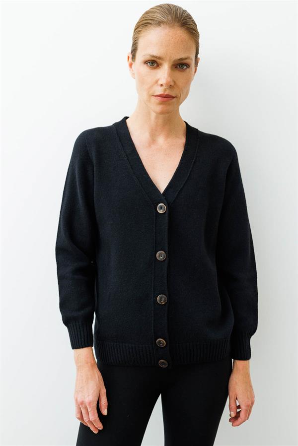 Kadın V Yaka Kısa Yün Hırka Siyah