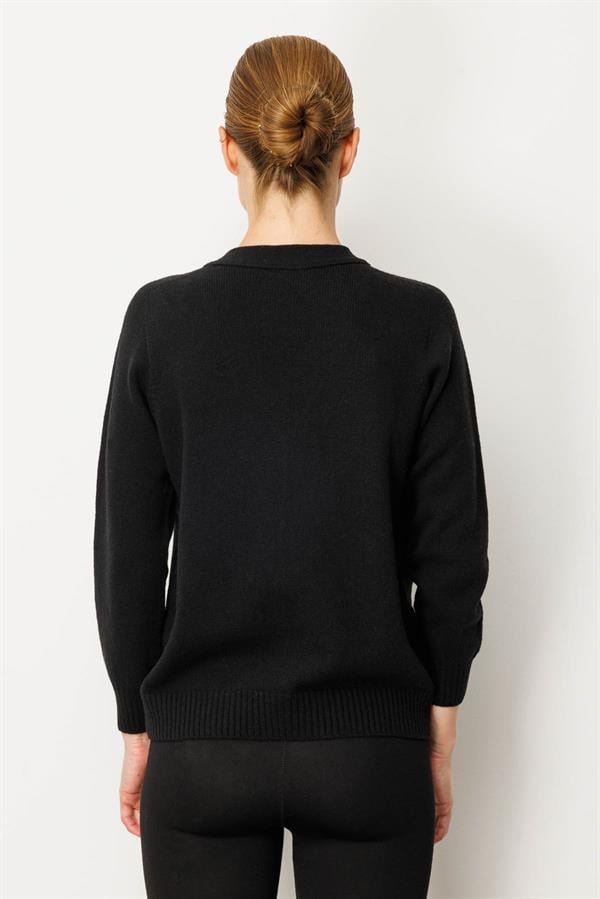 Kadın V Yaka Kısa Yün Hırka Siyah