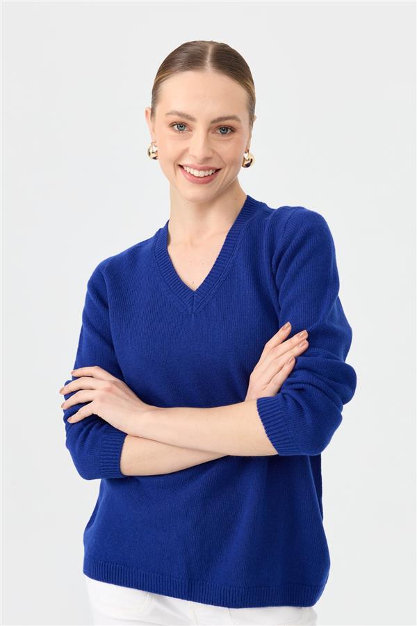 Kadın V Yaka Klasik Yün Kazak K.S.Mavi