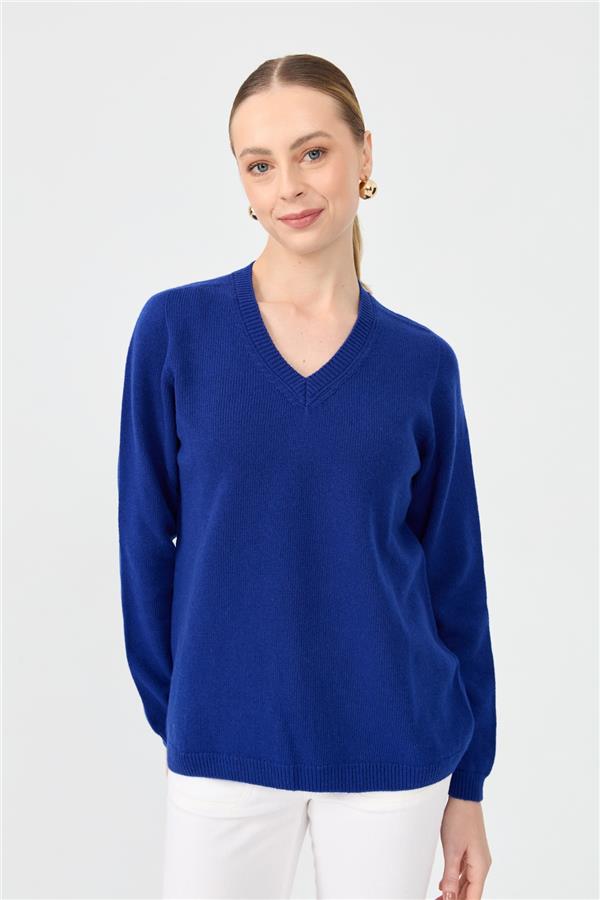 Kadın V Yaka Klasik Yün Kazak K.S.Mavi