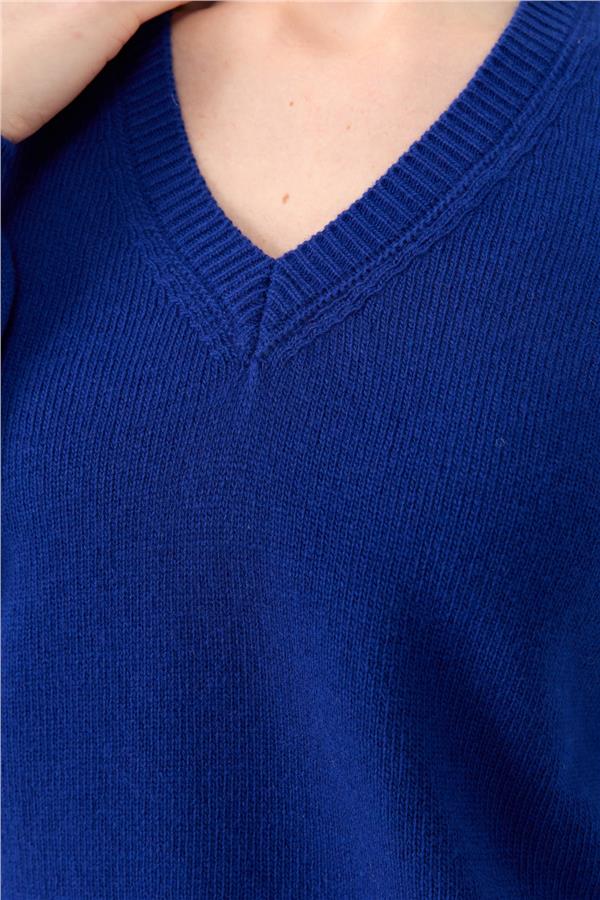 Kadın V Yaka Klasik Yün Kazak K.S.Mavi