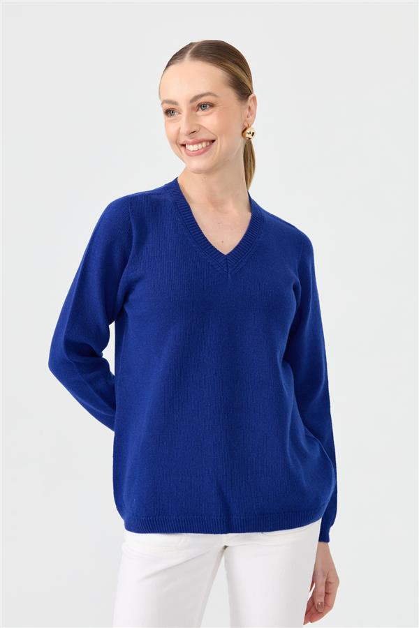 Kadın V Yaka Klasik Yün Kazak K.S.Mavi
