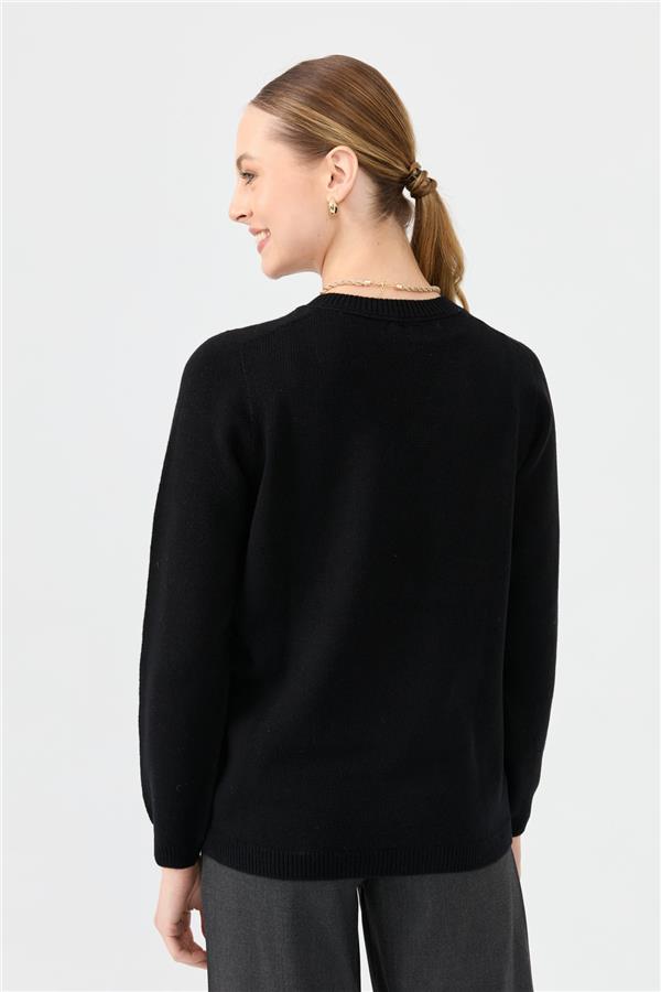 Kadın V Yaka Klasik Yün Kazak Siyah