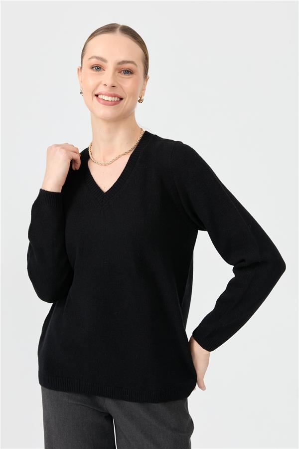 Kadın V Yaka Klasik Yün Kazak Siyah