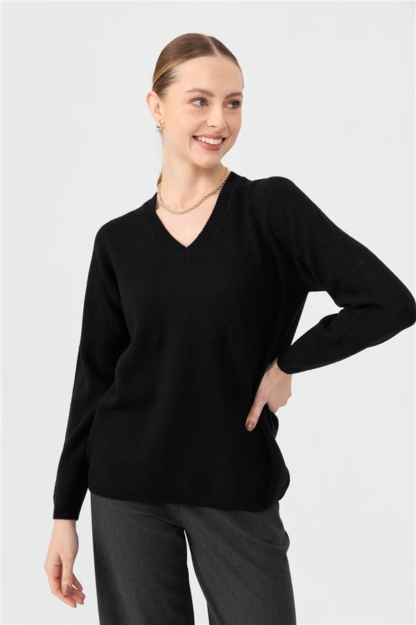 Kadın V Yaka Klasik Yün Kazak Siyah