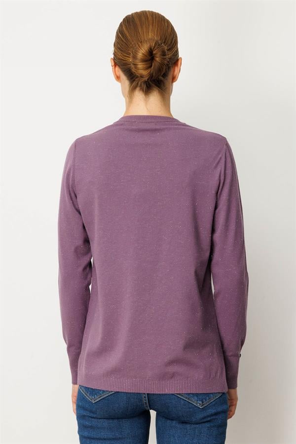 Kadın V Yaka Kolları Düğmeli Simli Bluz Mor